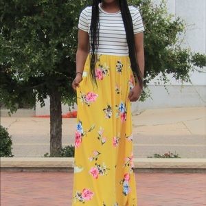 Reborn J Striped Floral Maxi Dress - Yellow and White